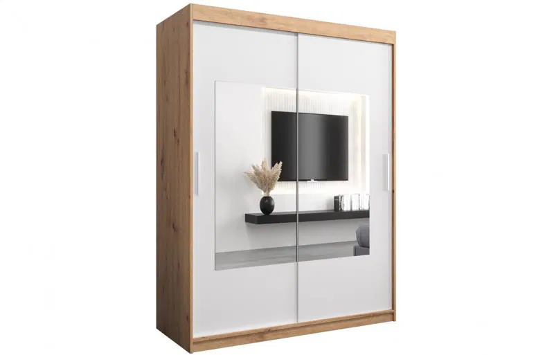Šatníková skriňa s posuvnými dverami a zrkadlom TORINO 150cm artisan / biela