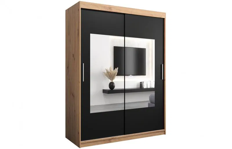 Šatníková skriňa s posuvnými dverami a zrkadlom TORINO 150cm artisan / čierná