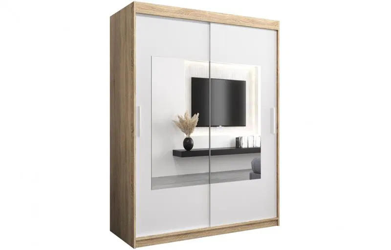 Šatníková skriňa s posuvnými dverami a zrkadlom TORINO 150cm sonoma / biela