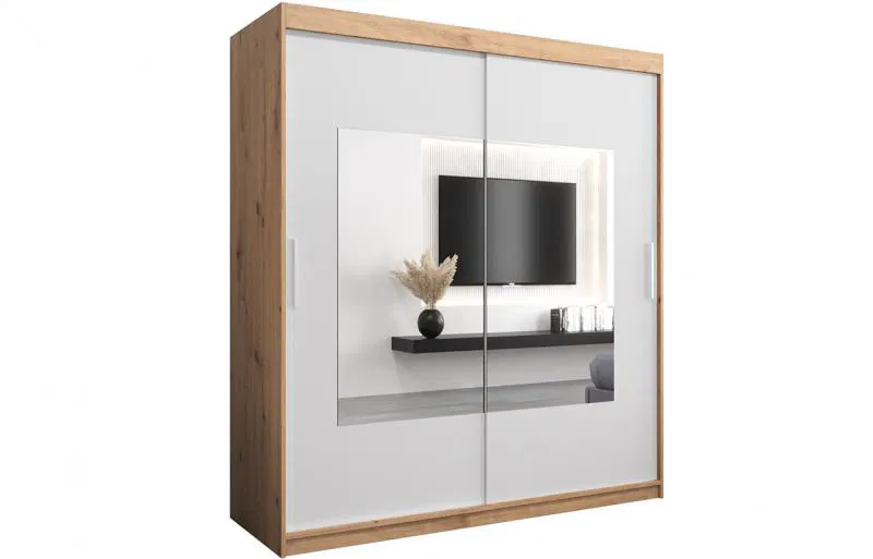 Šatníková skriňa s posuvnými dverami a zrkadlom TORINO 180cm artisan / biela