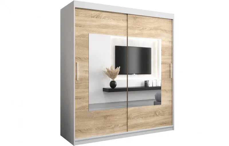 Šatníková skriňa s posuvnými dverami a zrkadlom TORINO 180cm biela / sonoma