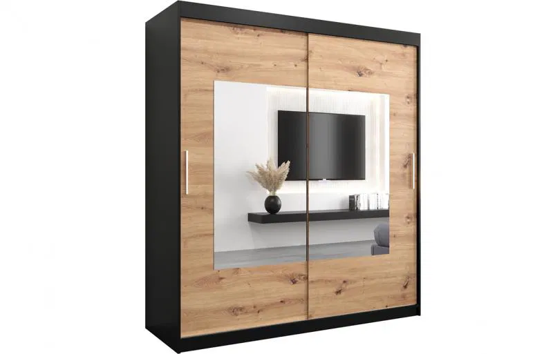 Šatníková skriňa s posuvnými dverami a zrkadlom TORINO 180cm čierná / artisan
