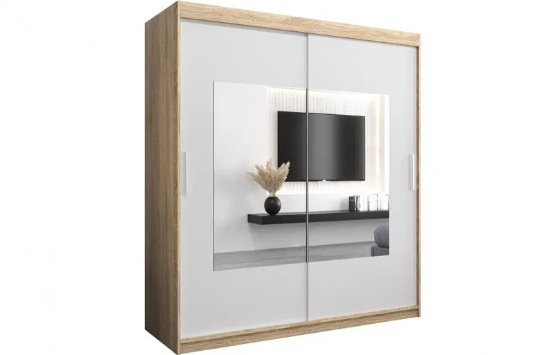 Šatníková skriňa s posuvnými dverami a zrkadlom TORINO 180cm sonoma / biela