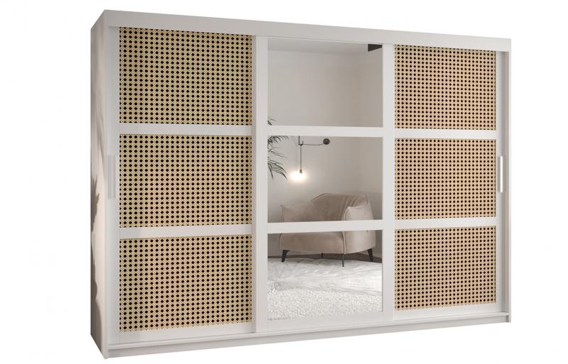 Šatníková skriňa s posuvnými dverami s Viedenským výpletom a zrcadlom 250cm Biela