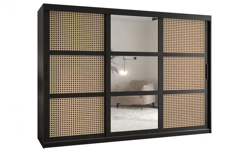 Šatníková skriňa s posuvnými dverami s Viedenským výpletom a zrcadlom 250cm Čierna