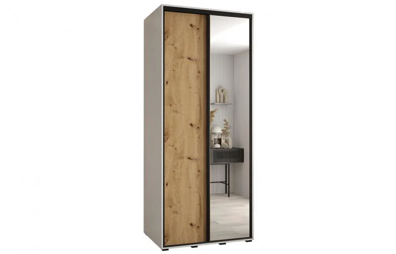 Šatníková skriňa s posuvnými dverami a zrkadlom DAVOS 100cm | Biela / DUB Artisan / čierne pojazdy