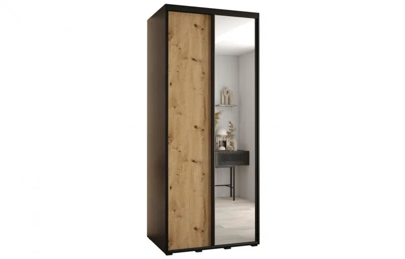Šatníková skriňa s posuvnými dverami a zrkadlom DAVOS 100cm | Čierna / DUB Artisan / čierne