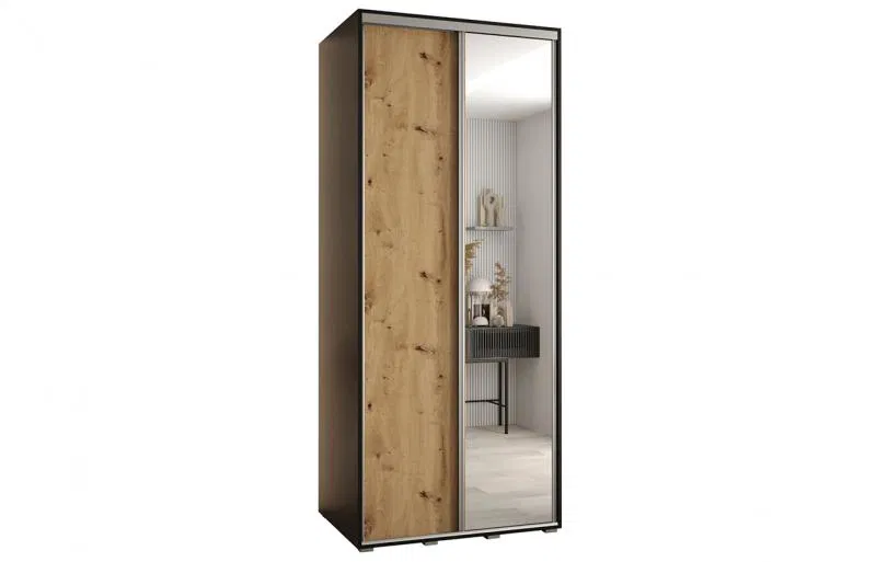 Šatníková skriňa s posuvnými dverami a zrkadlom DAVOS 100cm | Čierna / DUB Artisan / strieborné