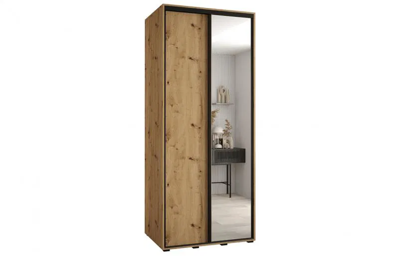 Šatníková skriňa s posuvnými dverami a zrkadlom DAVOS 100cm | DUB Artisan / čierne pojazdy