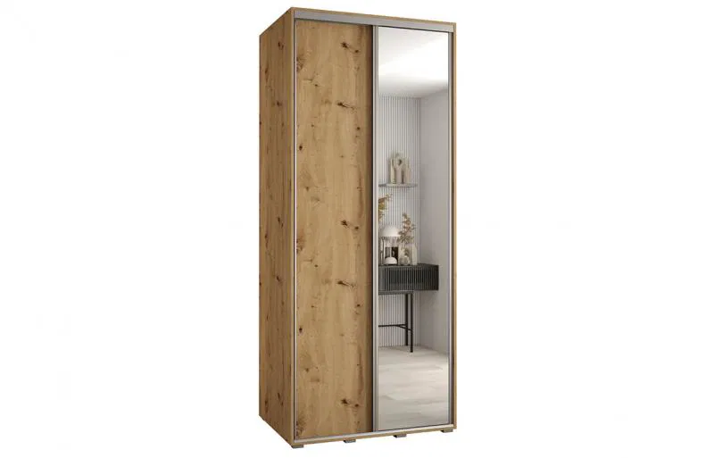 Šatníková skriňa s posuvnými dverami a zrkadlom DAVOS 100cm | DUB Artisan / strieborné pojazdy