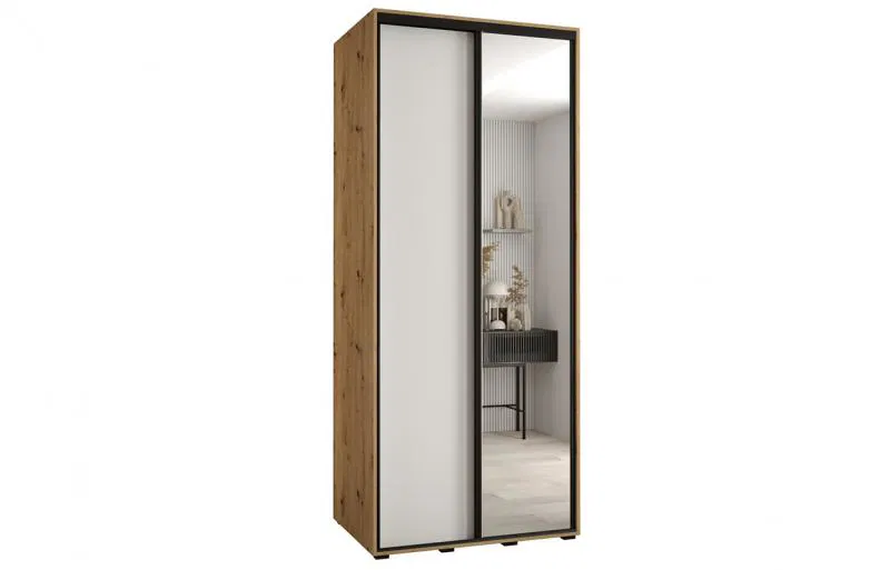 Šatníková skriňa s posuvnými dverami a zrkadlom DAVOS 120cm | DUB Artisan / biela / čierne pojazdy