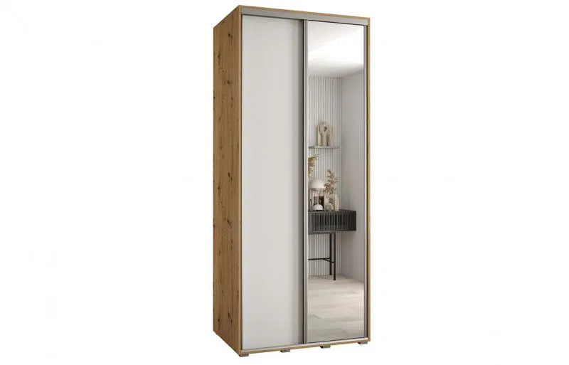 Šatníková skriňa s posuvnými dverami a zrkadlom DAVOS 120cm | DUB Artisan / biela / strieborné