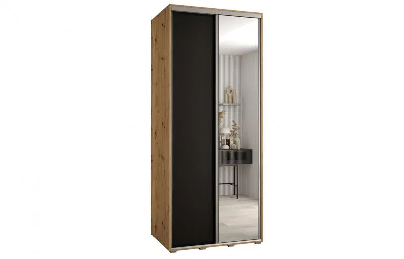 Šatníková skriňa s posuvnými dverami a zrkadlom DAVOS 120cm | DUB Artisan / čierna / strieborné pojazdy