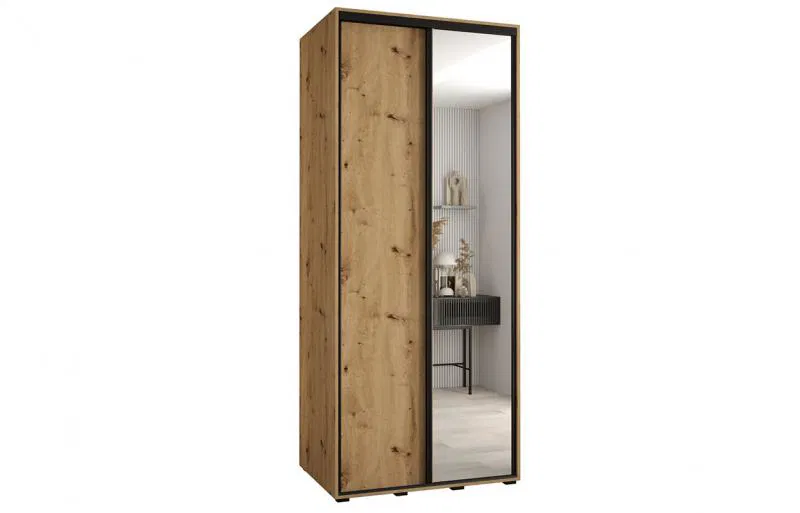 Šatníková skriňa s posuvnými dverami a zrkadlom DAVOS 120cm | DUB Artisan / čierne pojazdy