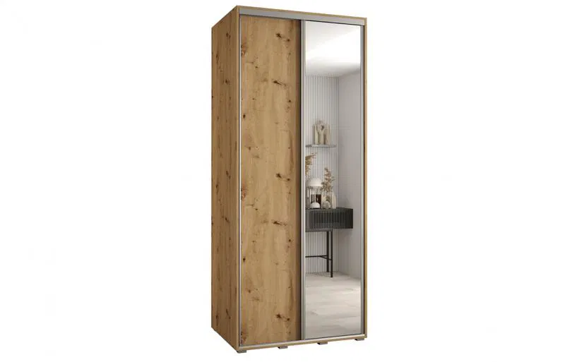 Šatníková skriňa s posuvnými dverami a zrkadlom DAVOS 120cm | DUB Artisan / strieborné pojazdy