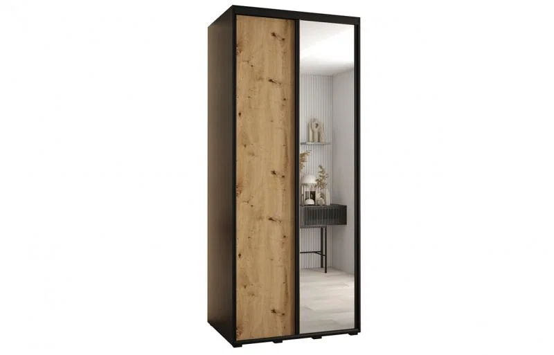 Šatníková skriňa s posuvnými dverami a zrkadlom DAVOS 120cm | Čierna / DUB Artisan / čierne pojazdy