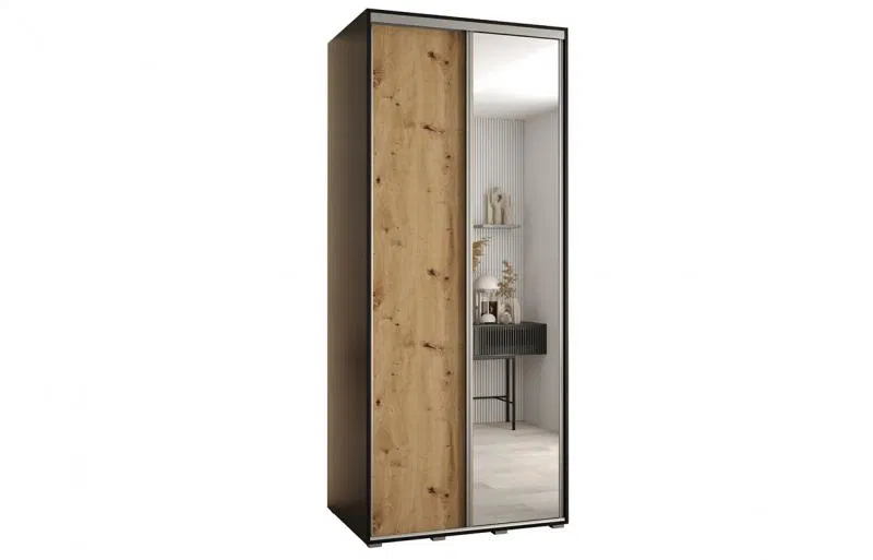Šatníková skriňa s posuvnými dverami a zrkadlom DAVOS 120cm | Čierna / DUB Artisan / strieborné