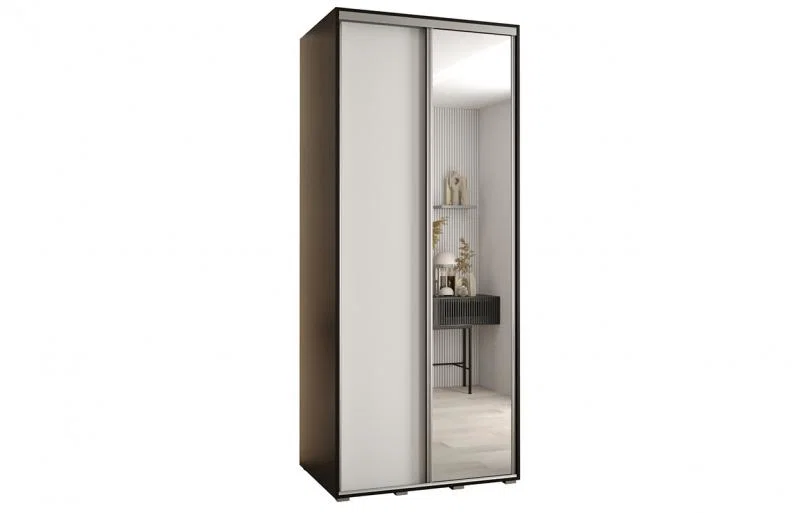 Šatníková skriňa s posuvnými dverami a zrkadlom DAVOS 120cm | Čierna / biela / strieborné pojazdy