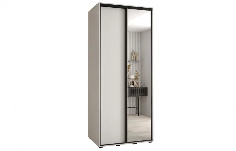 Šatníková skriňa s posuvnými dverami a zrkadlom DAVOS 120 cm | Biela / čierne pojazdy