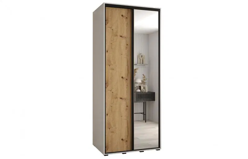 Šatníková skriňa s posuvnými dverami a zrkadlom DAVOS 120cm | Biela / DUB Artisan / čierne pojazdy