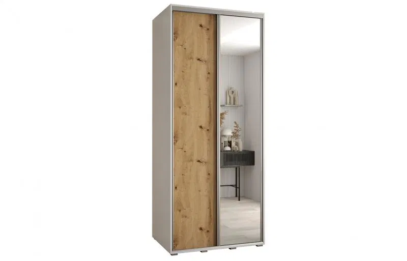Šatníková skriňa s posuvnými dverami a zrkadlom DAVOS 120cm | Biela / DUB Artisan / strieborné