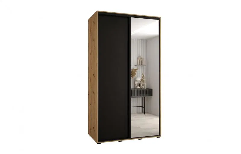 Šatníková skriňa s posuvnými dverami a zrkadlom DAVOS 140cm | DUB Artisan / čierna / čierne pojazdy