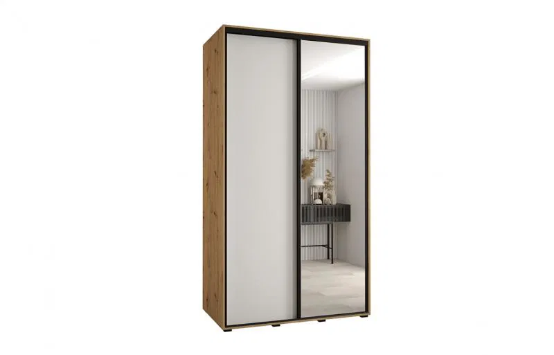 Šatníková skriňa s posuvnými dverami a zrkadlom DAVOS 140cm | DUB Artisan / biela / čierne pojazdy