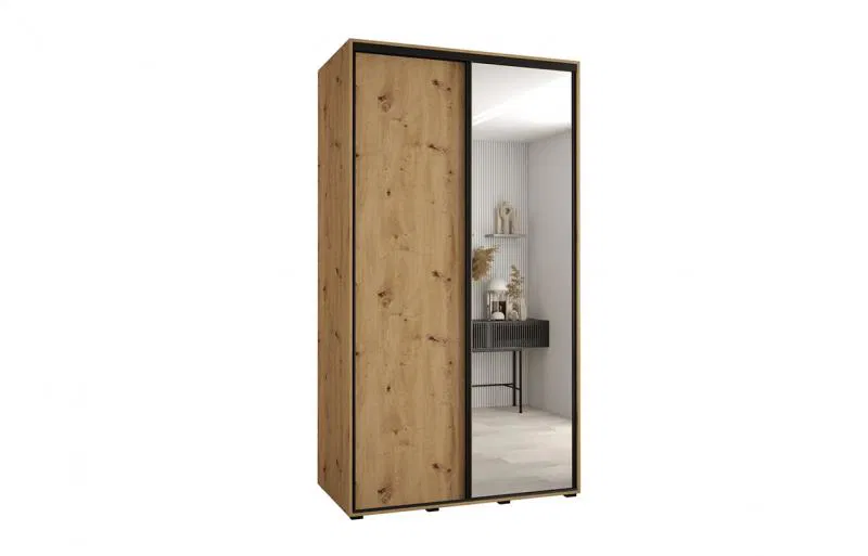 Šatníková skriňa s posuvnými dverami a zrkadlom DAVOS 140cm | DUB Artisan / čierne pojazdy