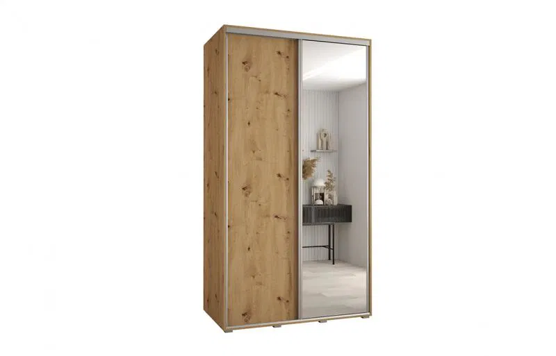 Šatníková skriňa s posuvnými dverami a zrkadlom DAVOS 140cm | DUB Artisan / strieborné pojazdy