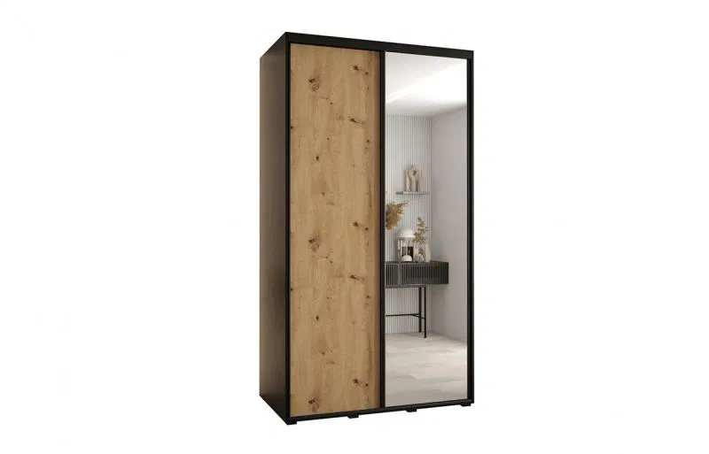 Šatníková skriňa s posuvnými dverami a zrkadlom DAVOS 140cm | Čierna / DUB Artisan / čierne