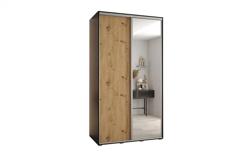 Šatníková skriňa s posuvnými dverami a zrkadlom DAVOS 140cm | Čierna / DUB Artisan / strieborné