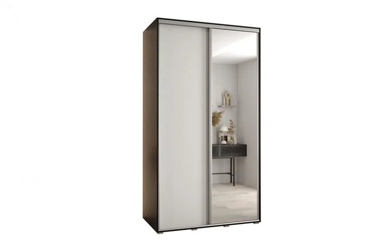 Šatníková skriňa s posuvnými dverami a zrkadlom DAVOS 140cm | Čierna / biela / strieborné pojazdy