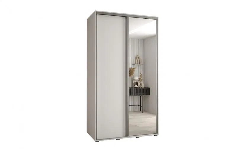 Šatníková skriňa s posuvnými dverami a zrkadlom DAVOS 140 cm | Biela / strieborné pojazdy