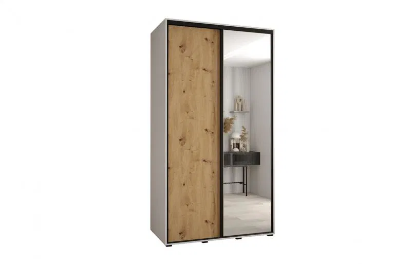 Šatníková skriňa s posuvnými dverami a zrkadlom DAVOS 140cm | Biela / DUB Artisan / čierne pojazdy