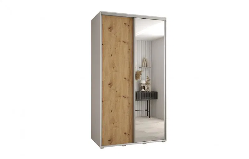 Šatníková skriňa s posuvnými dverami a zrkadlom DAVOS 140cm | Biela / DUB Artisan / strieborné