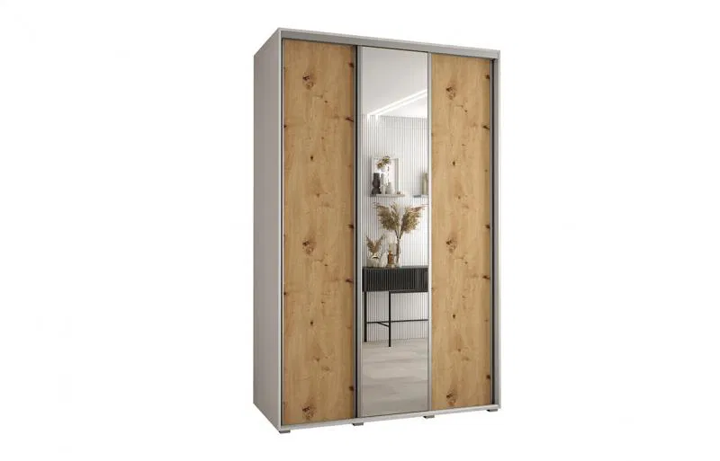 Šatníková skriňa s posuvnými dverami a zrkadlom DAVOS 150 cm | Biela / DUB Artisan / strieborné