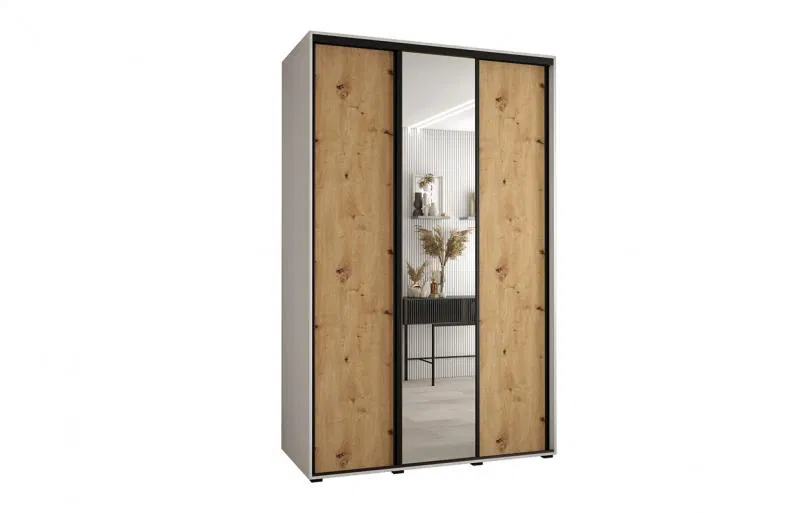 Šatníková skriňa s posuvnými dverami a zrkadlom DAVOS 150cm | Biela / DUB Artisan / čierne pojazdy