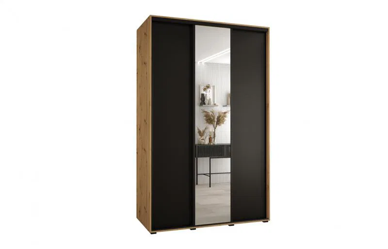 Šatníková skriňa s posuvnými dverami a zrkadlom DAVOS 150cm | DUB Artisan / čierna / čierne pojazdy