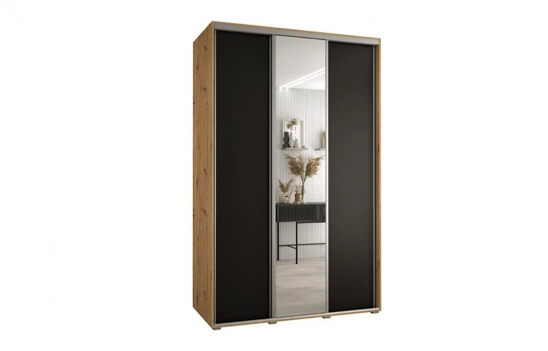 Šatníková skriňa s posuvnými dverami a zrkadlom DAVOS 150cm | DUB Artisan / čierna / strieborné