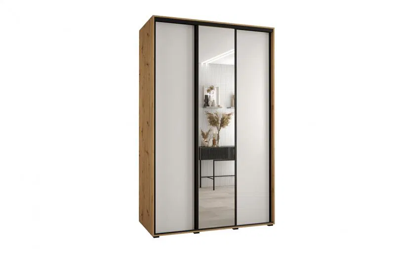 Šatníková skriňa s posuvnými dverami a zrkadlom DAVOS 150cm | DUB Artisan / biela / čierne pojazdy