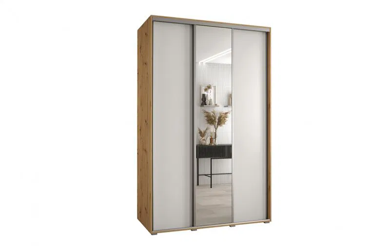 Šatníková skriňa s posuvnými dverami a zrkadlom DAVOS 150cm | DUB Artisan / biela / strieborné