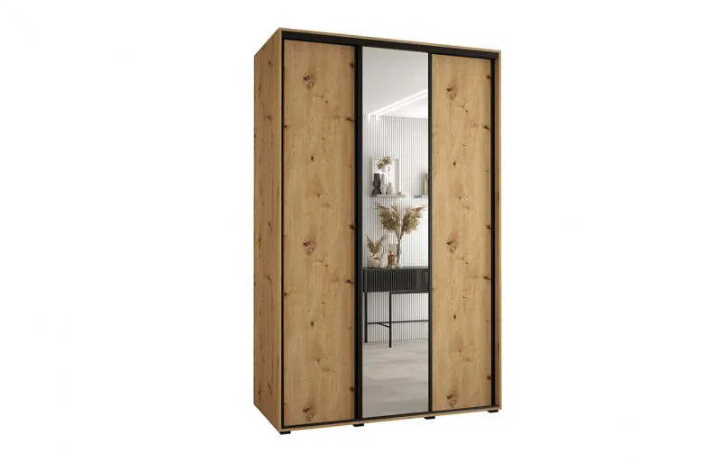 Šatníková skriňa s posuvnými dverami a zrkadlom DAVOS 150cm | DUB Artisan / čierne pojazdy