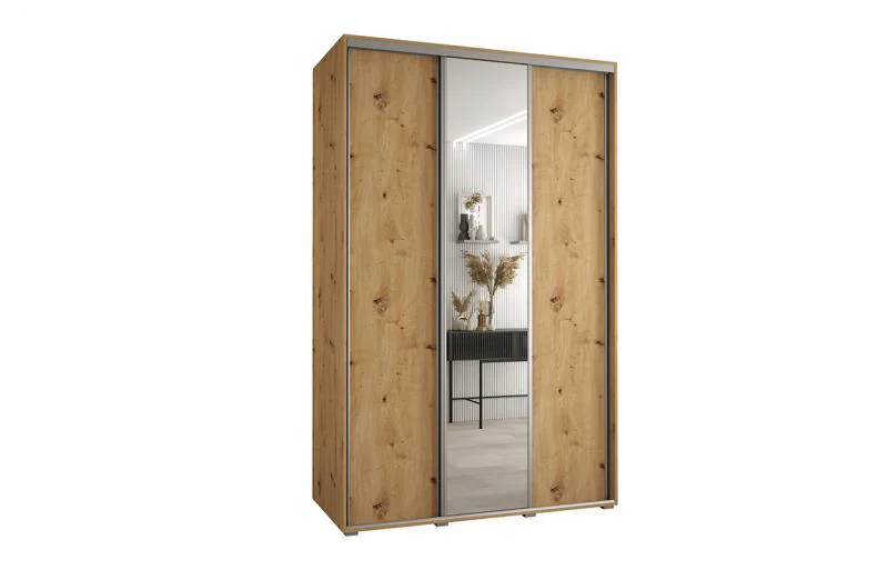 Šatníková skriňa s posuvnými dverami a zrkadlom DAVOS 150cm | DUB Artisan / strieborné pojazdy