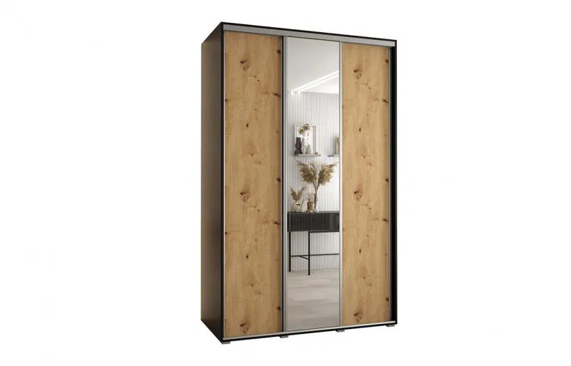 Šatníková skriňa s posuvnými dverami a zrkadlom DAVOS 150cm | Čierna / DUB Artisan / strieborné