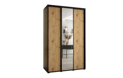 Šatníková skriňa s posuvnými dverami a zrkadlom DAVOS 160cm | Čierna / DUB Artisan / čierne pojazd
