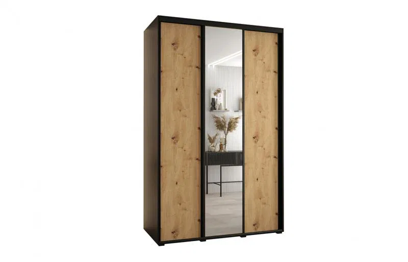 Šatníková skriňa s posuvnými dverami a zrkadlom DAVOS 160cm | Čierna / DUB Artisan / čierne pojazd