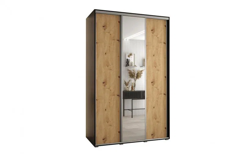 Šatníková skriňa s posuvnými dverami a zrkadlom DAVOS 160cm | Čierna / DUB Artisan / strieborné