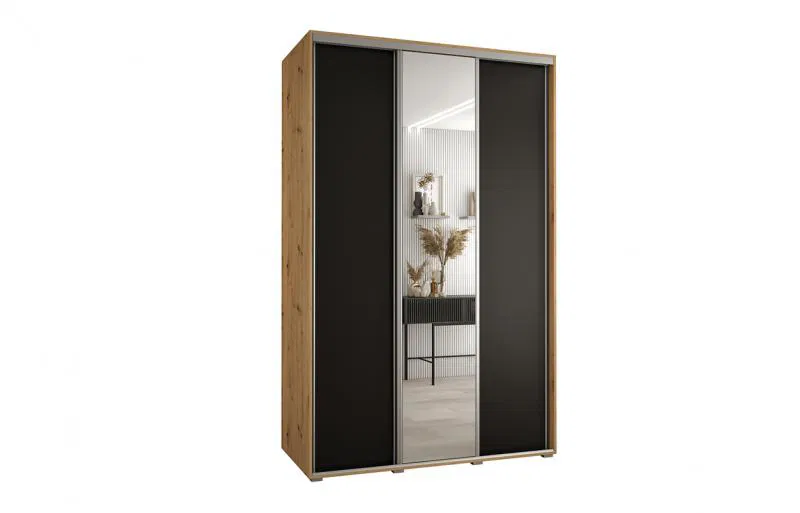 Šatníková skriňa s posuvnými dverami a zrkadlom DAVOS 160cm | DUB Artisan / čierna / strieborné