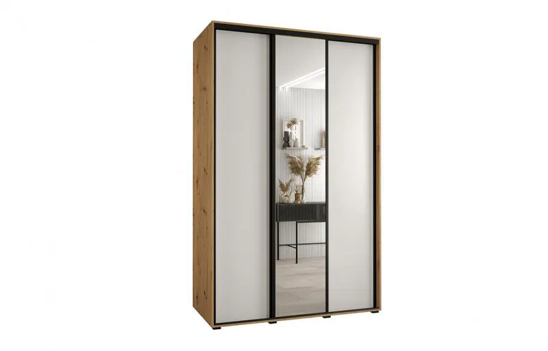Šatníková skriňa s posuvnými dverami a zrkadlom DAVOS 160cm | DUB Artisan / biela / čierne pojazdy