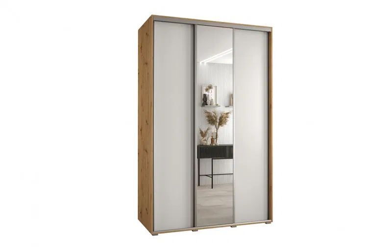 Šatníková skriňa s posuvnými dverami a zrkadlom DAVOS 160cm | DUB Artisan / biela / strieborné